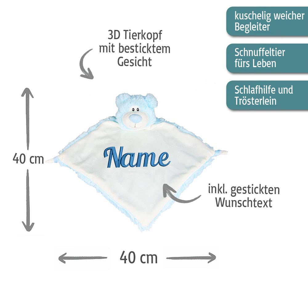 Personalisiertes Schnuffeltuch weiches Kuscheltuch mit Name Bestickt Schnuffeltier Schlafhilfe Tröster Geschenk zur Geburt Bär hellblau