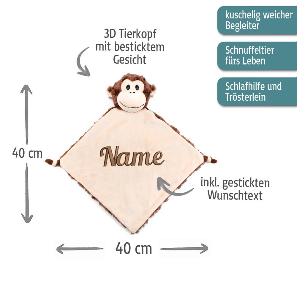 Personalisiertes Schnuffeltuch weiches Kuscheltuch mit Name Bestickt Schnuffeltier Schlafhilfe Tröster Geschenk zur Geburt AFFE