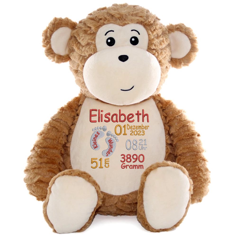 Personalisiertes Stofftier AFFE Kuscheltier Bestickt Plüschtier zur Geburt Stickmotiv Füßchen