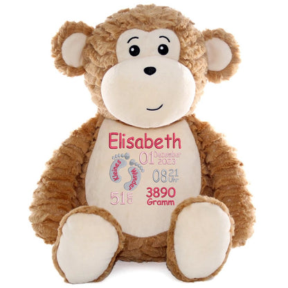 Personalisiertes Stofftier AFFE Kuscheltier Bestickt Plüschtier zur Geburt Stickmotiv Füßchen