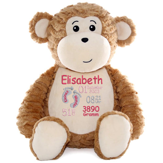 Personalisiertes Stofftier AFFE Kuscheltier Bestickt Plüschtier zur Geburt Stickmotiv Füßchen