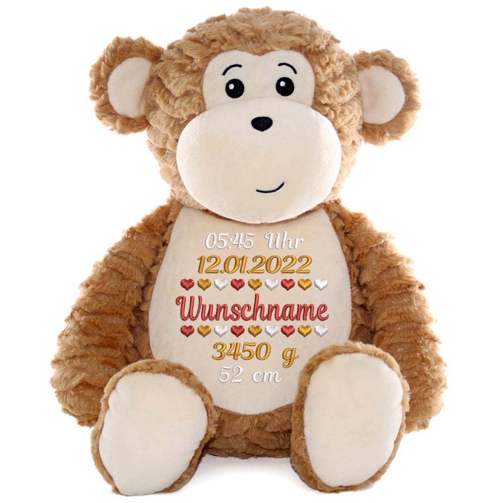 Personalisiertes Stofftier AFFE Kuscheltier Bestickt Plüschtier zur Geburt Stickmotiv Geburtsdaten