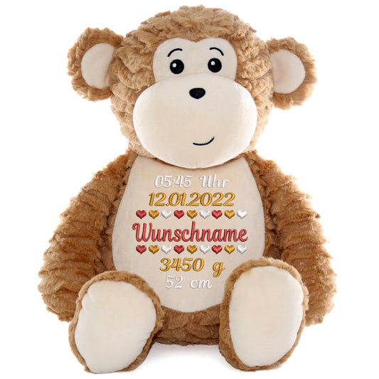Personalisiertes Stofftier AFFE Kuscheltier Bestickt Plüschtier zur Geburt Stickmotiv Geburtsdaten