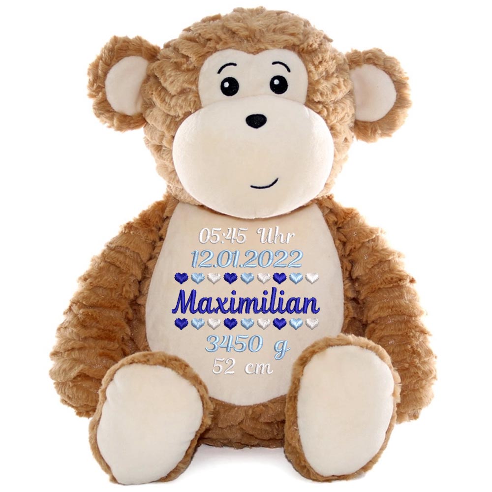 Personalisiertes Stofftier AFFE Kuscheltier Bestickt Plüschtier zur Geburt Stickmotiv Geburtsdaten