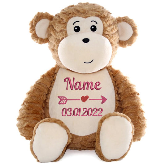 Personalisiertes Stofftier AFFE Kuscheltier Bestickt Plüschtier zur Geburt Stickmotiv Name und Datum