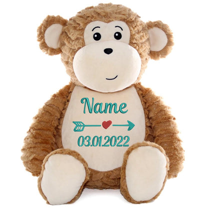 Personalisiertes Stofftier AFFE Kuscheltier Bestickt Plüschtier zur Geburt Stickmotiv Name und Datum