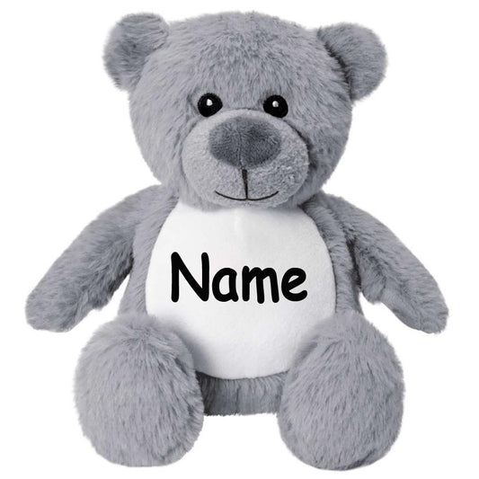 Kleines Stofftier PERSONALISIERT Teddybär mit Name bedruckt Kuscheltier Plüschtier 25cm Bär grau