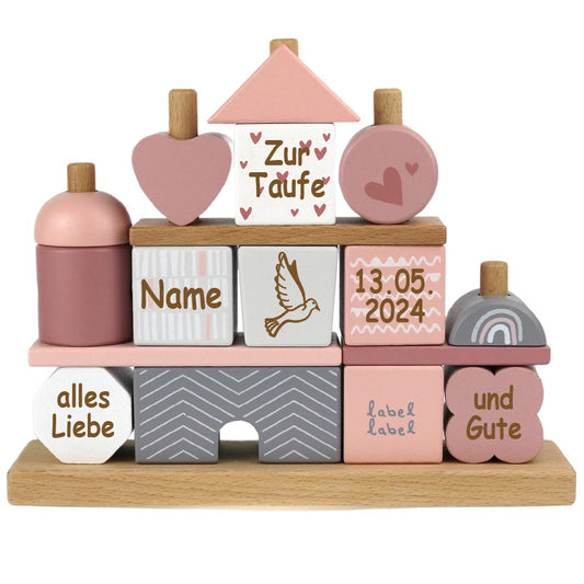 Taufgeschenk Steckspiel zur Taufe Häuschen aus Holz mit Namen und Taufdaten graviert rosa verschiedene Motive