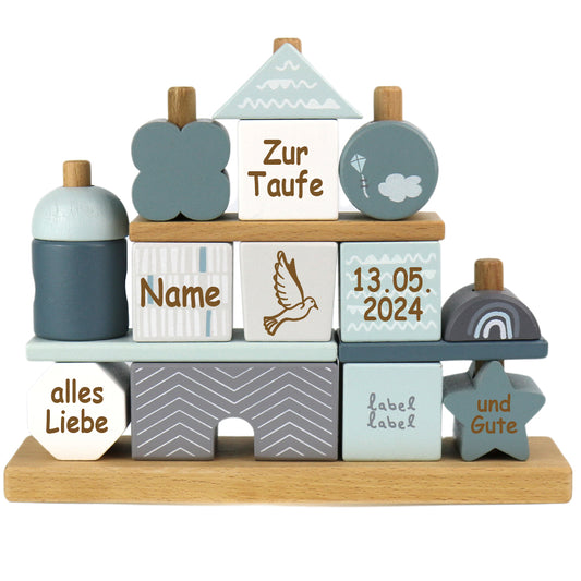 Taufgeschenk Steckspiel zur Taufe Häuschen aus Holz mit Namen und Taufdaten graviert blau verschiedene Motive