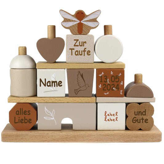 Taufgeschenk Steckspiel zur Taufe Häuschen aus Holz mit Namen und Taufdaten graviert beige verschiedene Motive