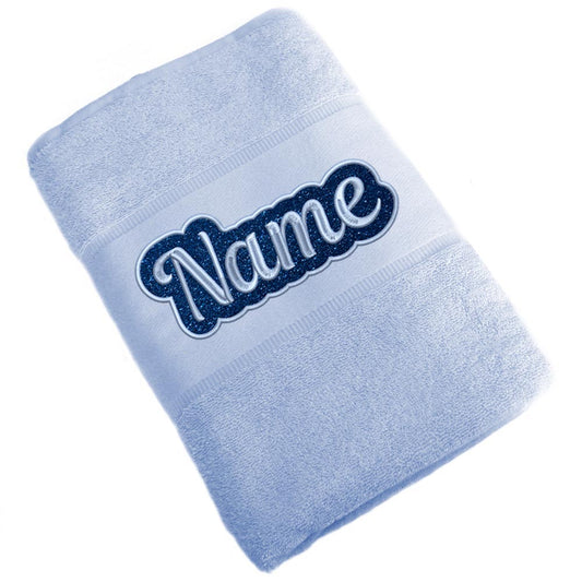 Besticktes Handtuch Badehandtuch aus 100% Baumwolle mit Glitzer und Name personalisiert Bestickt Hellblau