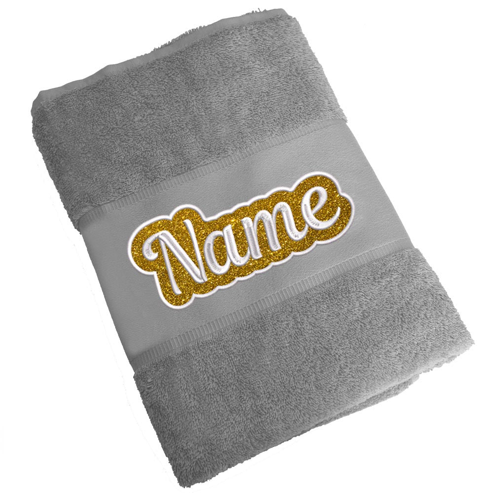 Besticktes Handtuch Badehandtuch aus 100% Baumwolle mit Glitzer und Name personalisiert Bestickt Grau