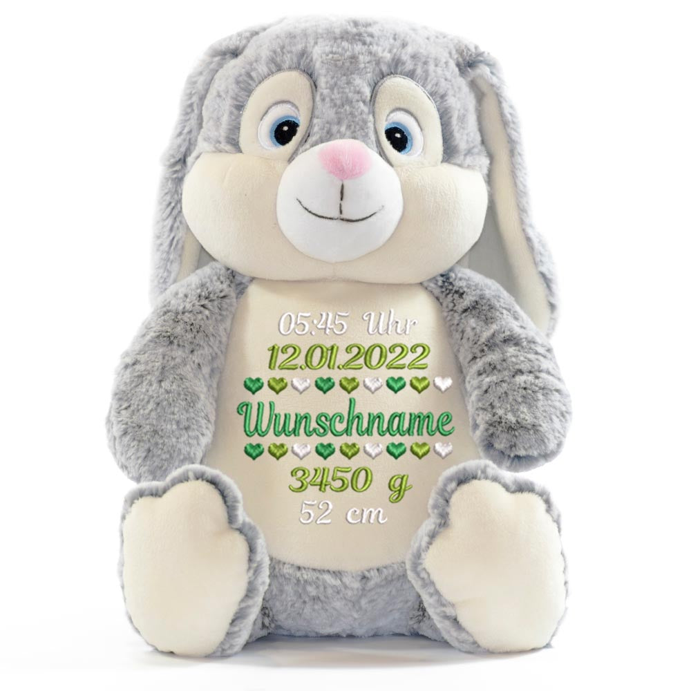 Personalisiertes Stofftier Hase Kuscheltier Bestickt Plüschtier zur Geburt Stickmotiv Geburtsdaten