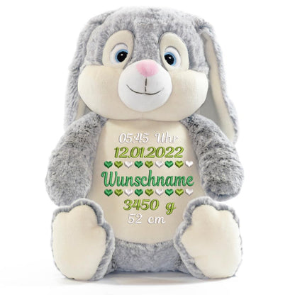 Personalisiertes Stofftier Hase Kuscheltier Bestickt Plüschtier zur Geburt Stickmotiv Geburtsdaten