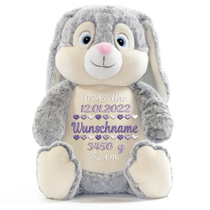 Personalisiertes Stofftier Hase Kuscheltier Bestickt Plüschtier zur Geburt Stickmotiv Geburtsdaten