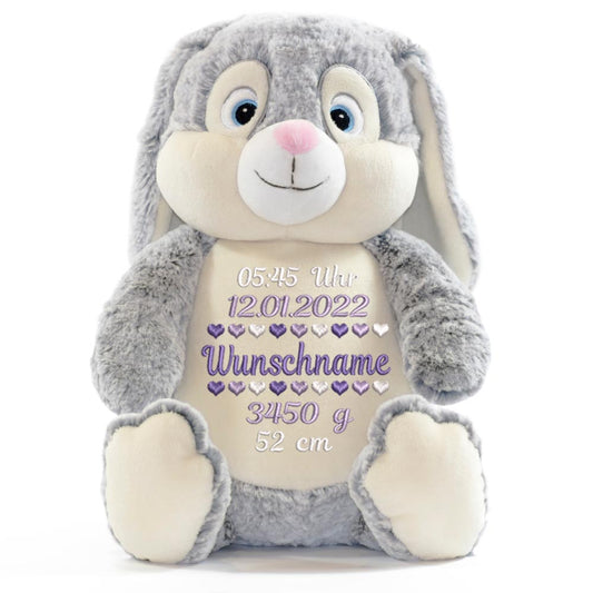 Personalisiertes Stofftier Hase Kuscheltier Bestickt Plüschtier zur Geburt Stickmotiv Geburtsdaten