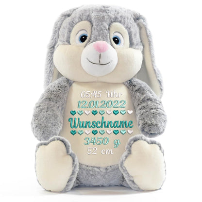 Personalisiertes Stofftier Hase Kuscheltier Bestickt Plüschtier zur Geburt Stickmotiv Geburtsdaten