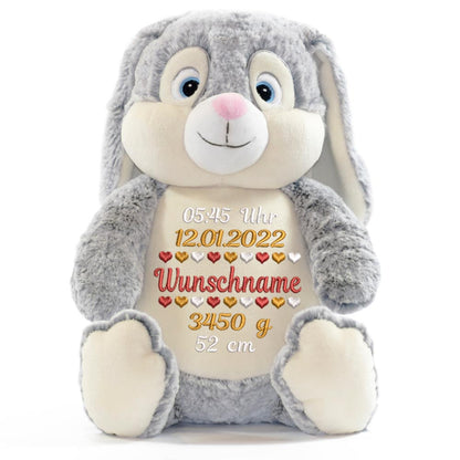 Personalisiertes Stofftier Hase Kuscheltier Bestickt Plüschtier zur Geburt Stickmotiv Geburtsdaten
