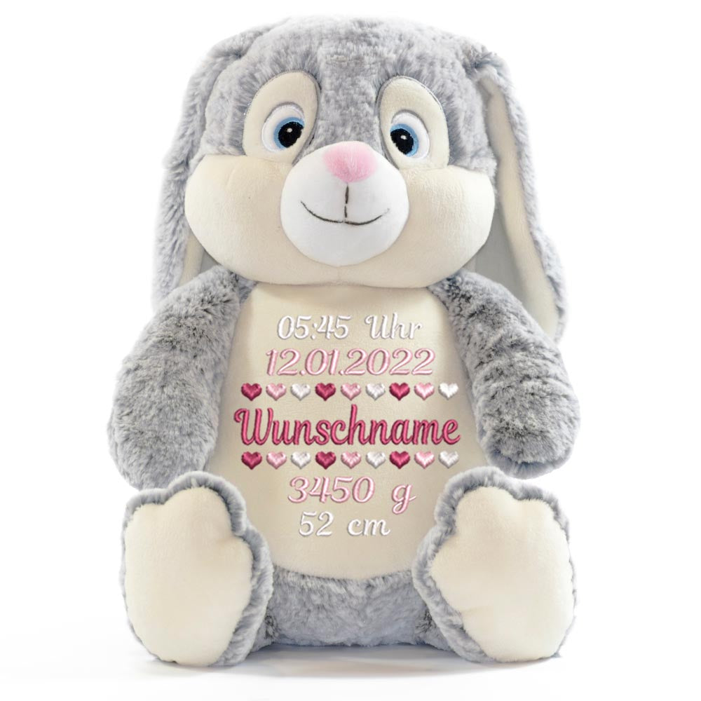 Personalisiertes Stofftier Hase Kuscheltier Bestickt Plüschtier zur Geburt Stickmotiv Geburtsdaten