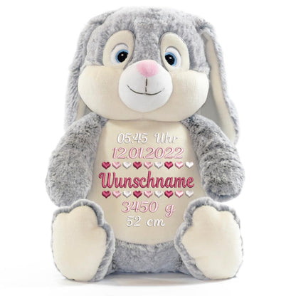 Personalisiertes Stofftier Hase Kuscheltier Bestickt Plüschtier zur Geburt Stickmotiv Geburtsdaten