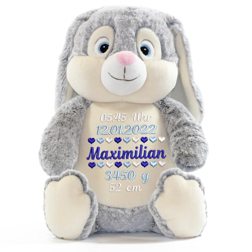 Personalisiertes Stofftier Hase Kuscheltier Bestickt Plüschtier zur Geburt Stickmotiv Geburtsdaten