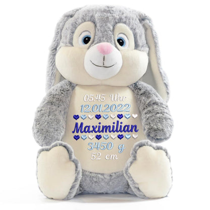 Personalisiertes Stofftier Hase Kuscheltier Bestickt Plüschtier zur Geburt Stickmotiv Geburtsdaten