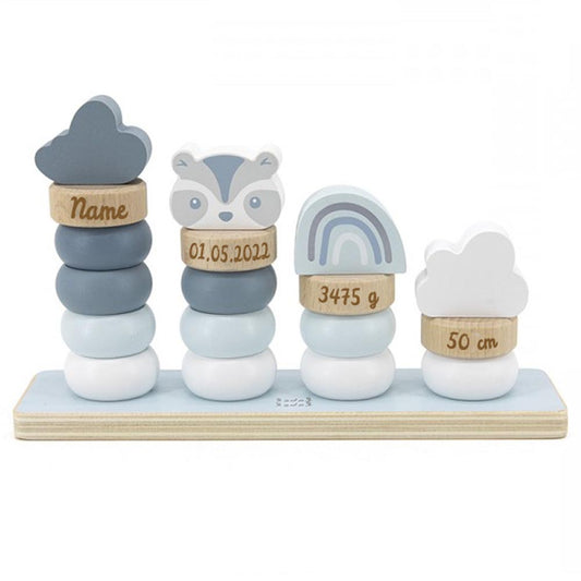 Stapelringe aus Holz blau personalisiert mit Name und Geburtsdaten Baby Geschenk mit Gravur