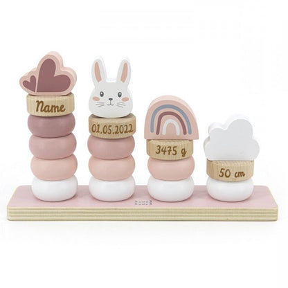 Stapelringe aus Holz rosa personalisiert mit Name und Geburtsdaten Baby Geschenk mit Gravur