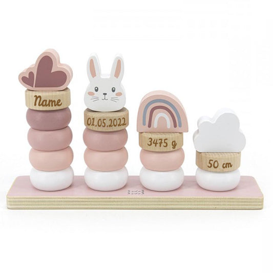 Stapelringe aus Holz rosa personalisiert mit Name und Geburtsdaten Baby Geschenk mit Gravur