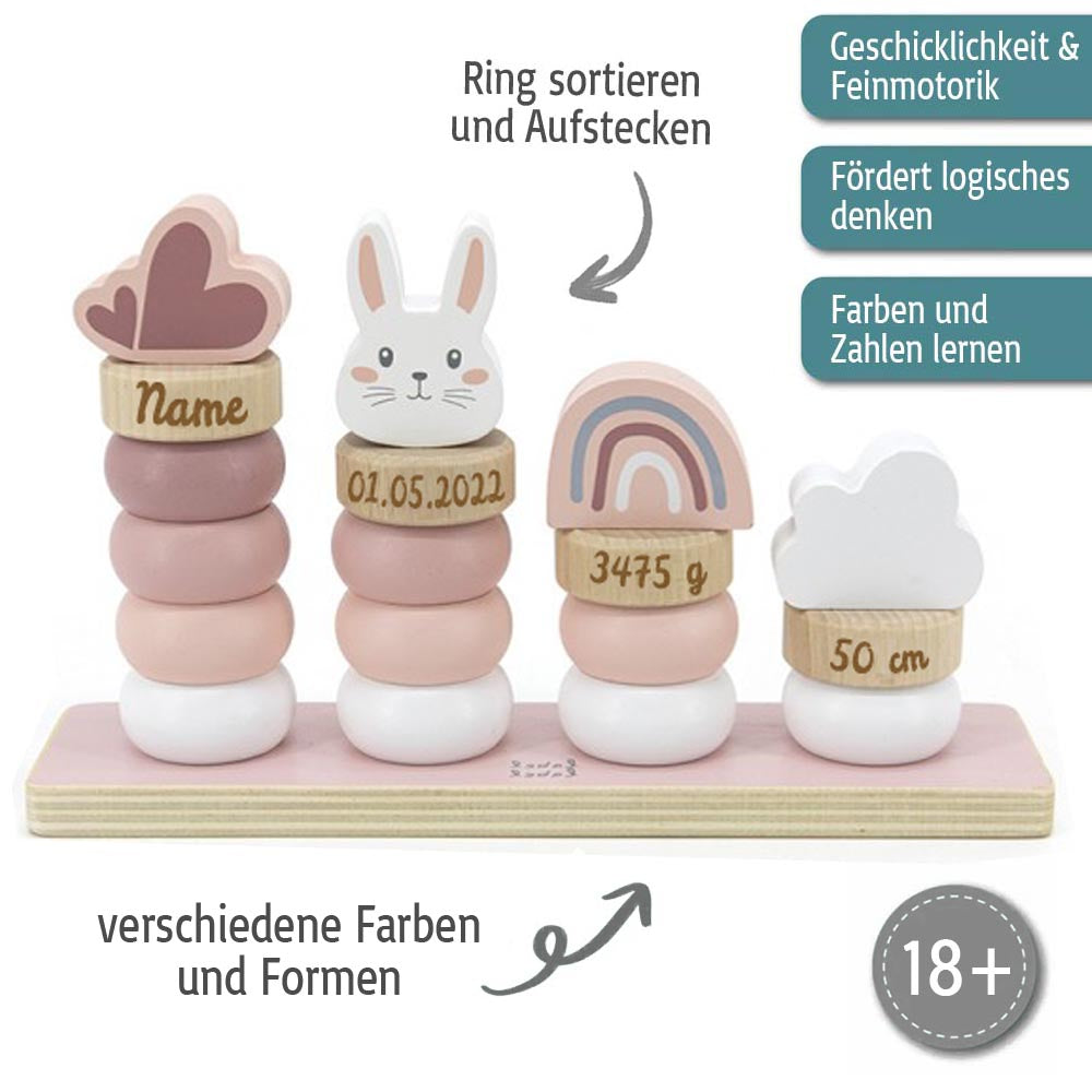 Stapelringe aus Holz rosa personalisiert mit Name und Geburtsdaten Baby Geschenk mit Gravur