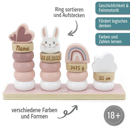 Stapelringe aus Holz rosa personalisiert mit Name und Geburtsdaten Baby Geschenk mit Gravur