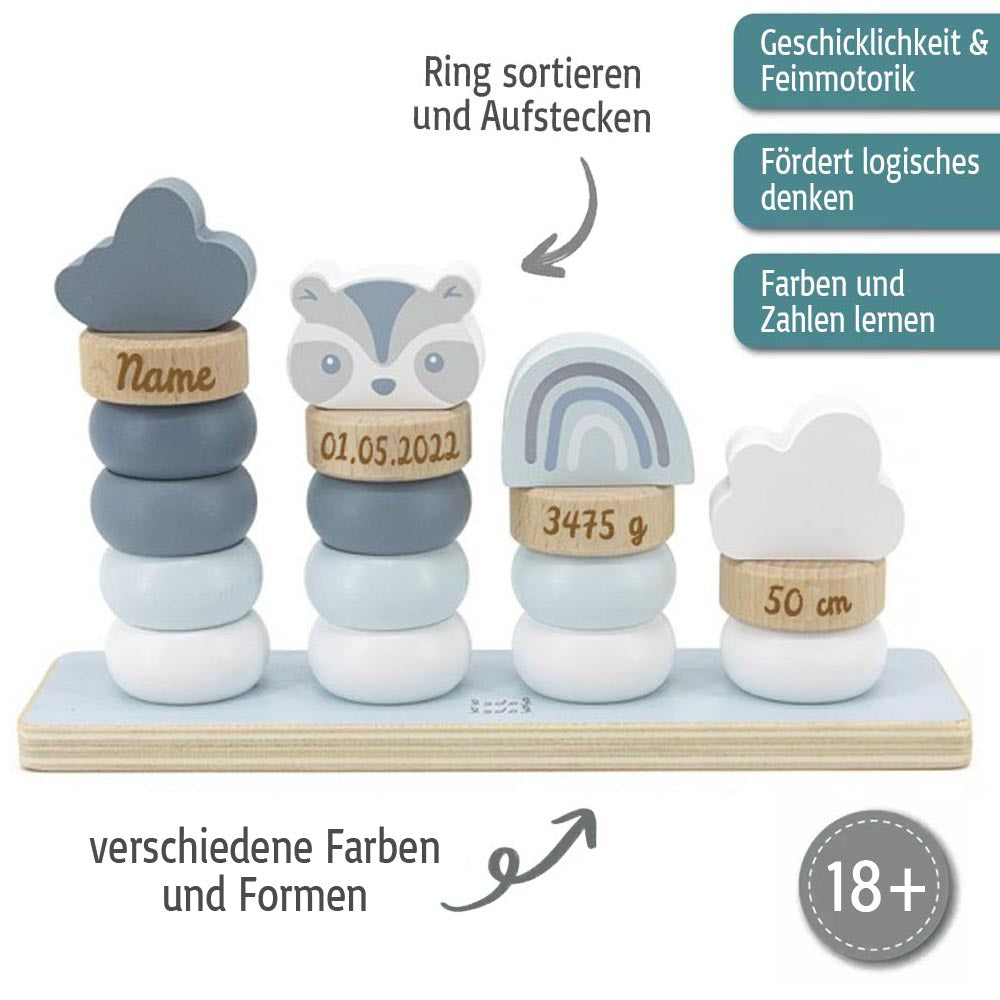 Stapelringe aus Holz blau personalisiert mit Name und Geburtsdaten Baby Geschenk mit Gravur