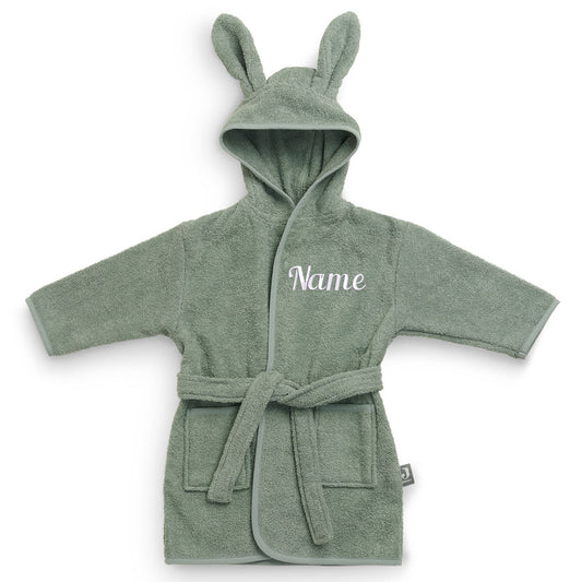 Personalisierter Bademantel mit Name bestickt für Kinder und Kleinkinder aus Frottee Baumwolle Salbei