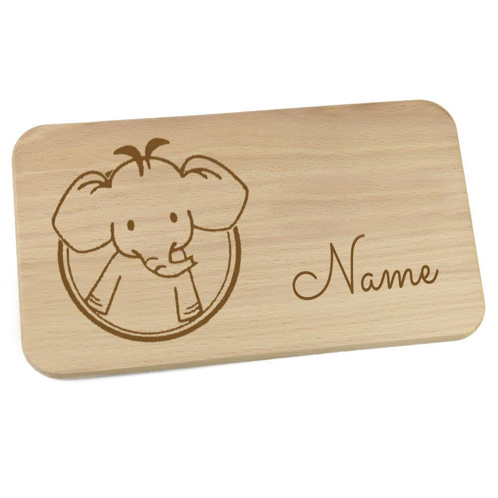 Personalisiertes Frühstücksbrettchen aus Holz mit Motiv und Name graviert Motiv Elefant Brettchen 22cm