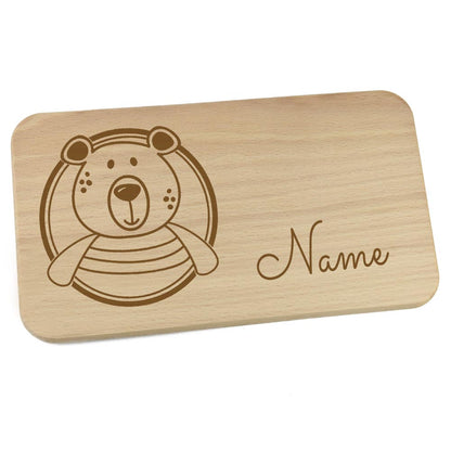 Personalisiertes Frühstücksbrettchen aus Holz mit Motiv und Name graviert Motiv Bär Brettchen 22cm
