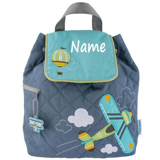 Personalisierter Rucksack für Kinder 8 Liter Kindergartenrucksack aus Baumwolle mit Namen bedruckt Motiv Flugzeug blau