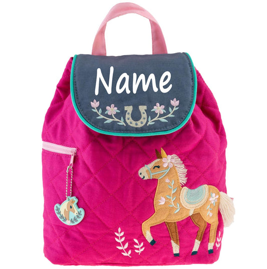 Personalisierter Rucksack für Kinder 8 Liter Kindergartenrucksack aus Baumwolle mit Namen bedruckt Motiv Pferd pink