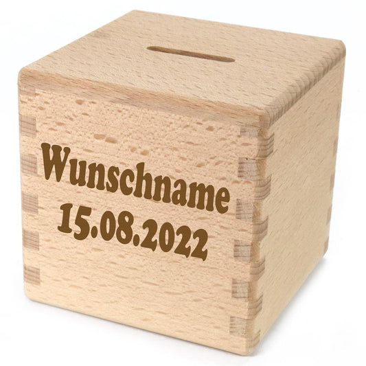 Spardose mit Namen graviert Sparwüfel zur Geburt, Hochzeit, Taufe aus Holz Name