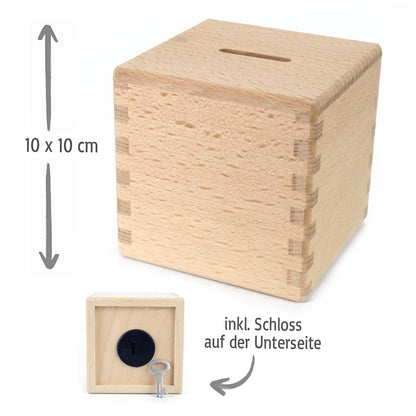 Spardose mit Namen graviert Sparwüfel zur Geburt, Hochzeit, Taufe aus Holz Name