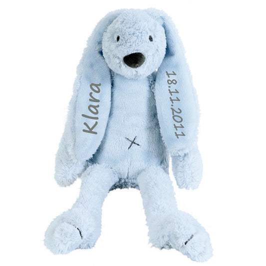 Stofftier Hase mit Namen und Geburtsdatum personalisiert Geschenk hellblau