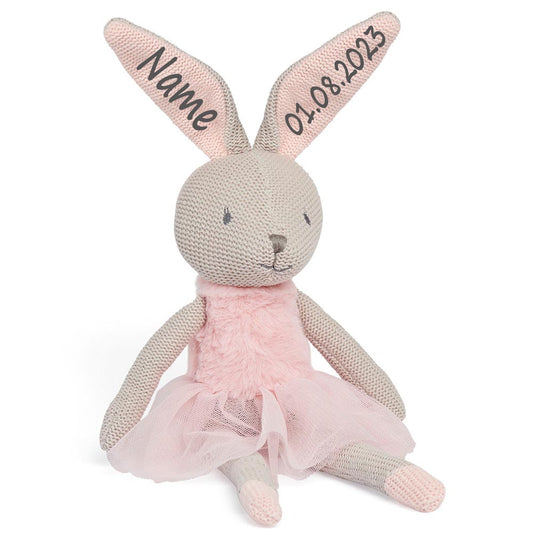 Hase Stofftier mit Name und Geburtsdatum Kuscheltier gestrickt personalisiert Geschenk zur Geburt Hasenmädchen