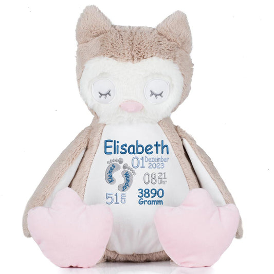 Stofftier mit Name Bestickt Kuscheltier Eule personalisiert Füßchen