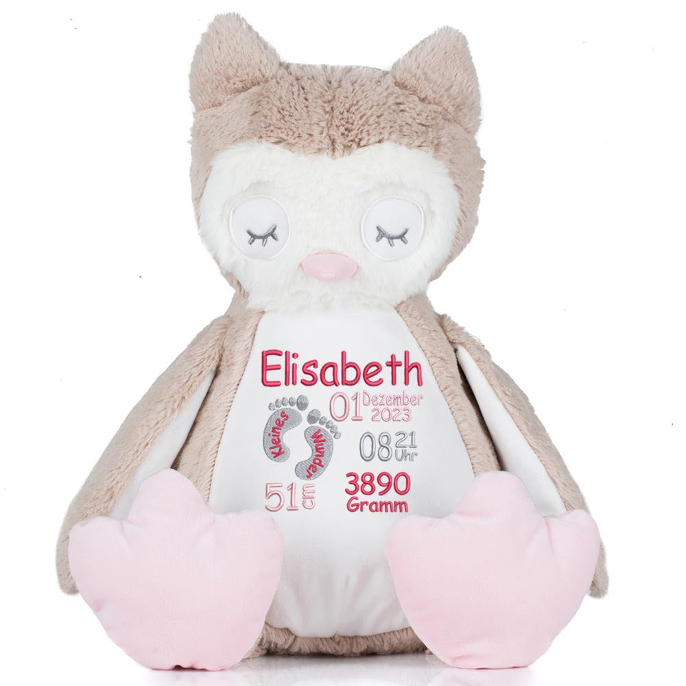 Stofftier mit Name Bestickt Kuscheltier Eule personalisiert Füßchen