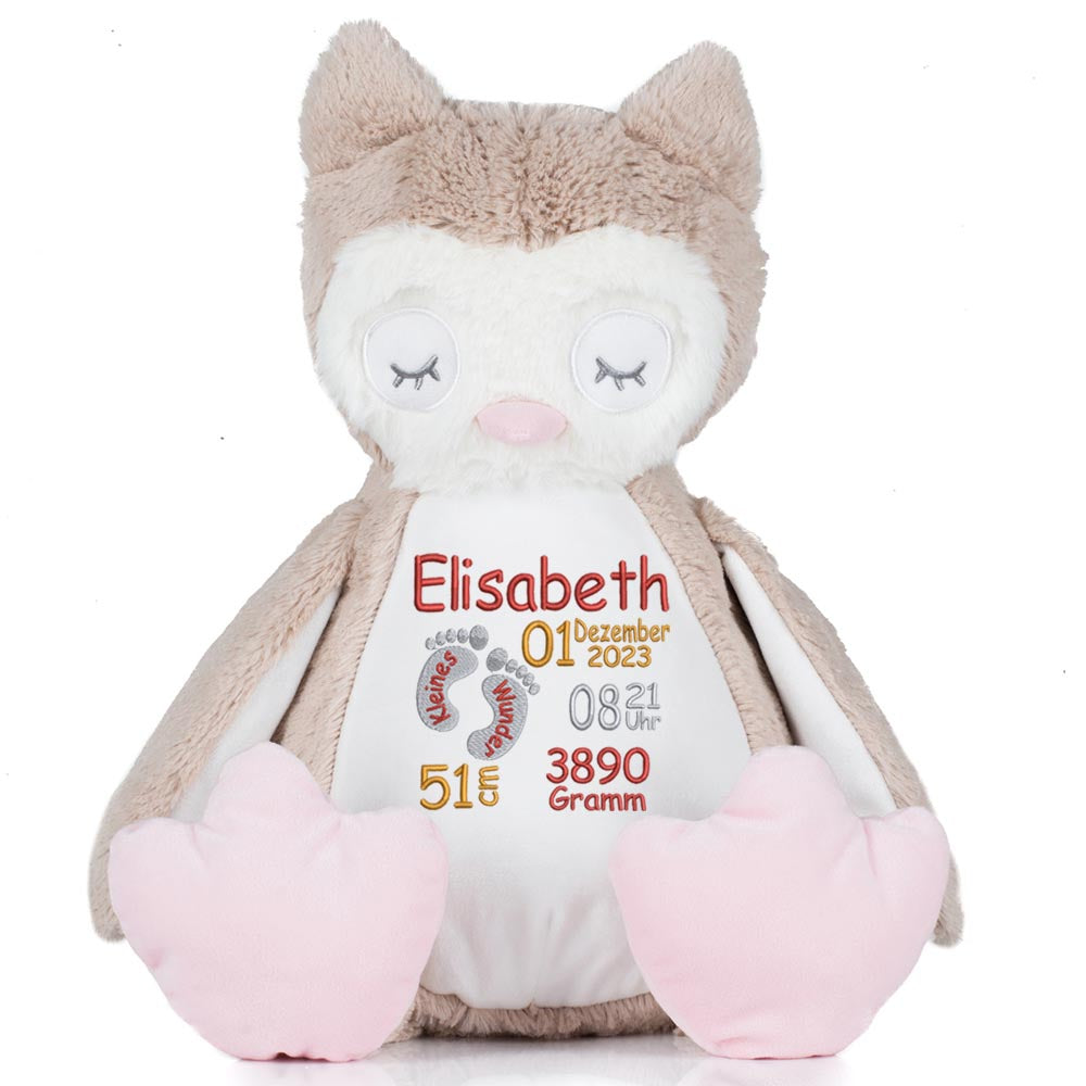 Stofftier mit Name Bestickt Kuscheltier Eule personalisiert Füßchen