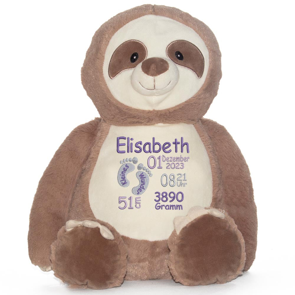 Stofftier mit Name Bestickt Kuscheltier Faultier personalisiert Füßchen