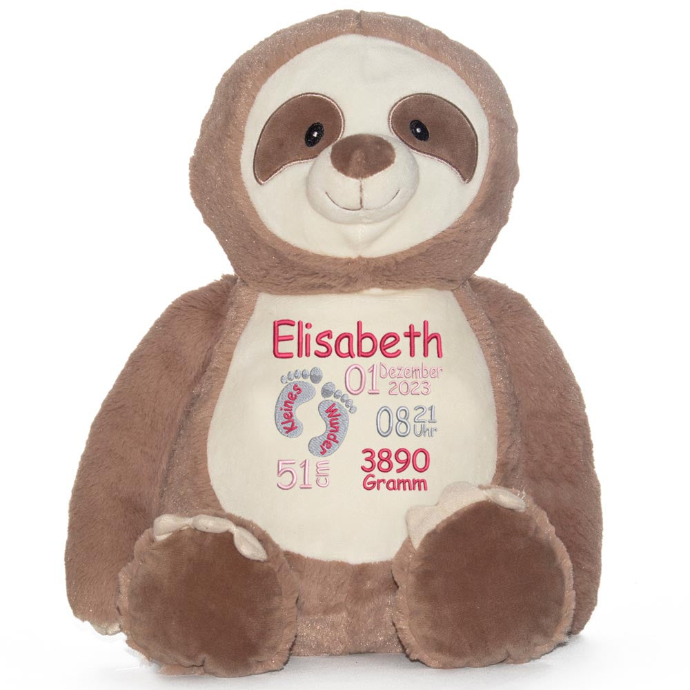 Stofftier mit Name Bestickt Kuscheltier Faultier personalisiert Füßchen