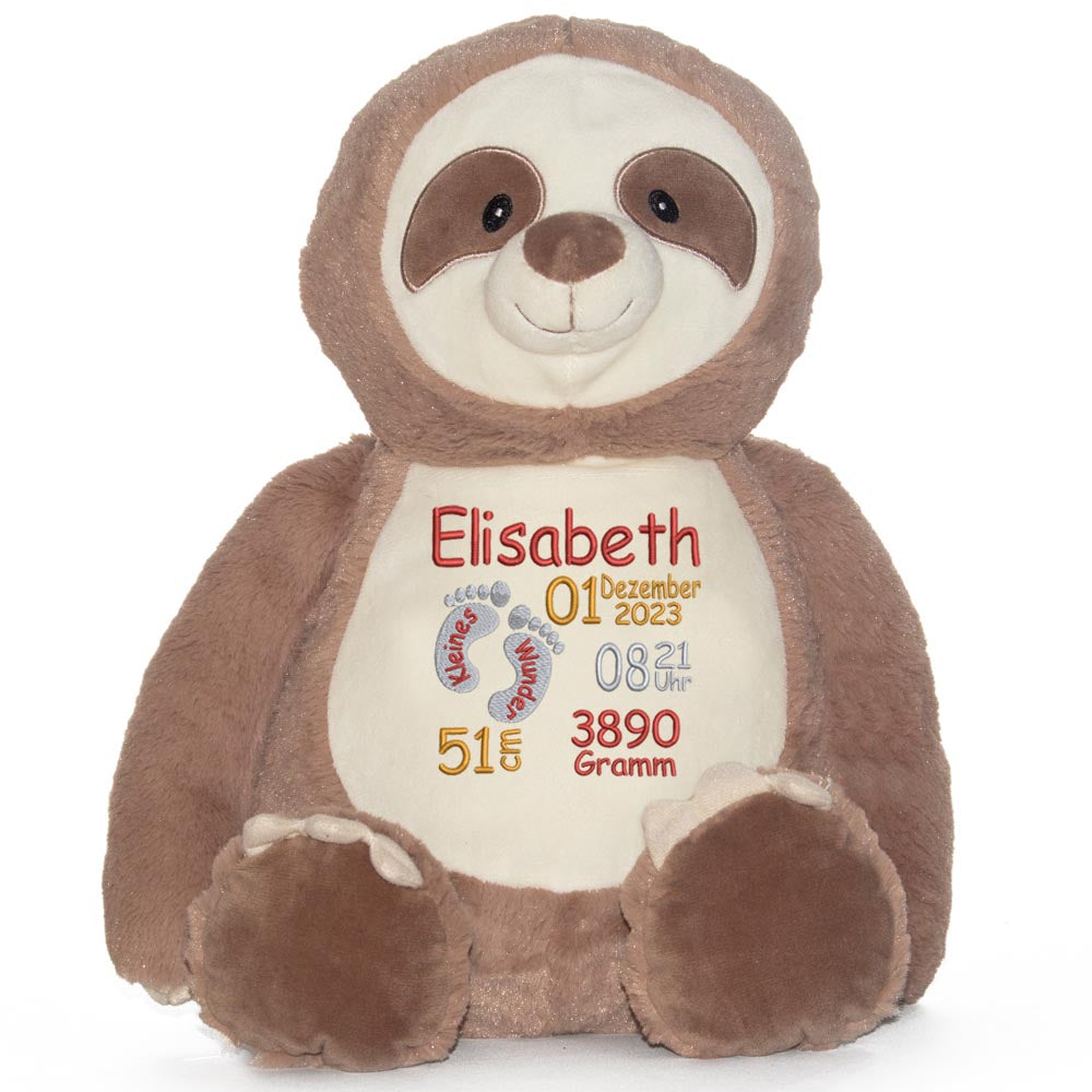 Stofftier mit Name Bestickt Kuscheltier Faultier personalisiert Füßchen