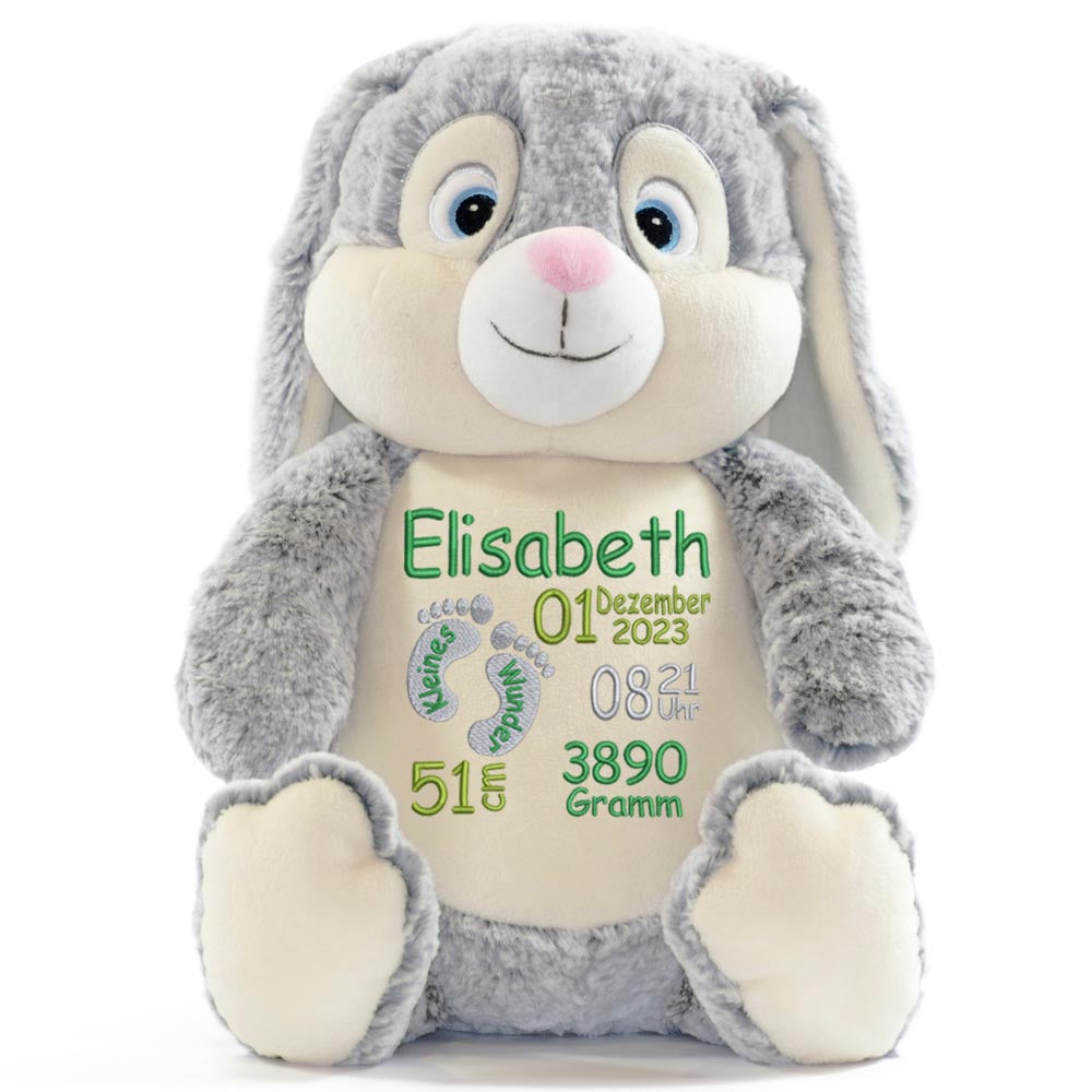Personalisiertes Stofftier Hase Kuscheltier Bestickt Plüschtier zur Geburt Stickmotiv Füßchen