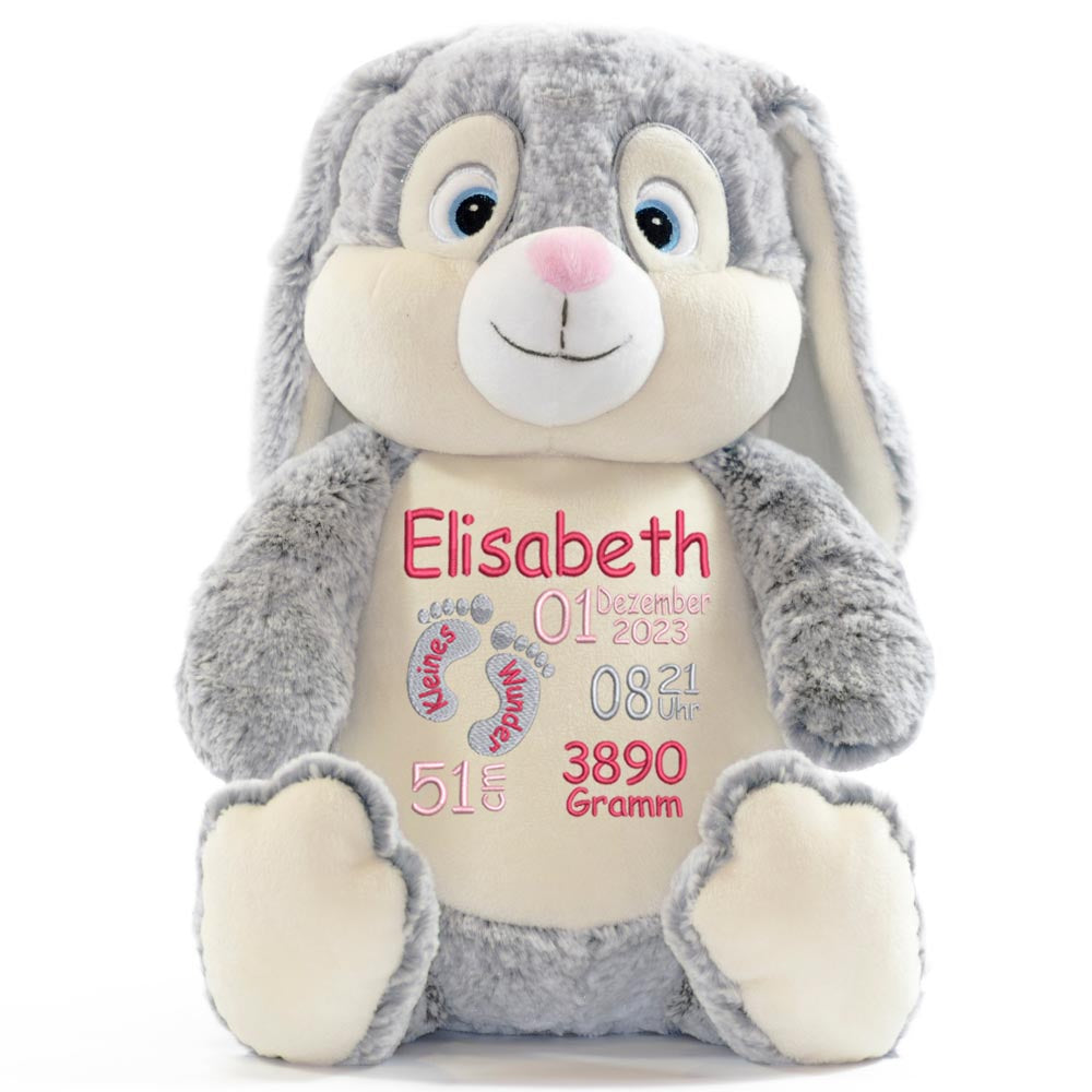 Personalisiertes Stofftier Hase Kuscheltier Bestickt Plüschtier zur Geburt Stickmotiv Füßchen