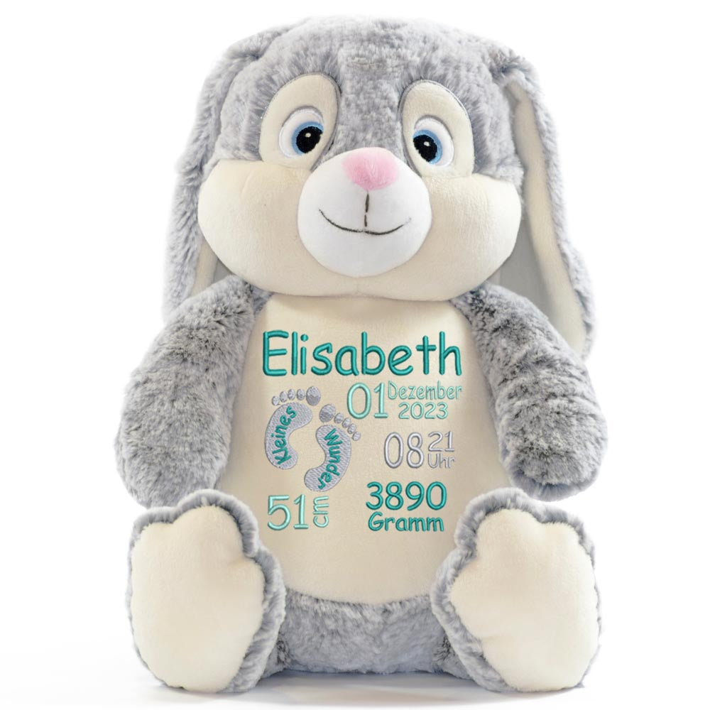 Personalisiertes Stofftier Hase Kuscheltier Bestickt Plüschtier zur Geburt Stickmotiv Füßchen